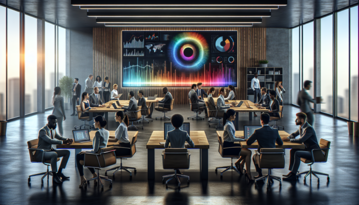 A modern office with a digital screen displaying Google Business Analytics dashboards, team strategising data optimisation.