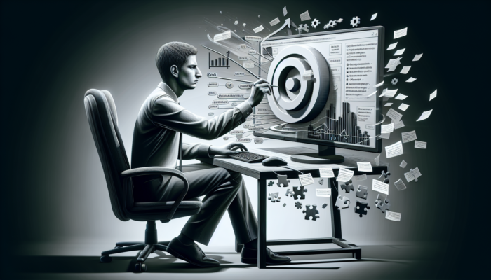 Person setting up Google Business Analytics, appearing frustrated, overlooking key steps like goal setting and tracking code installation.