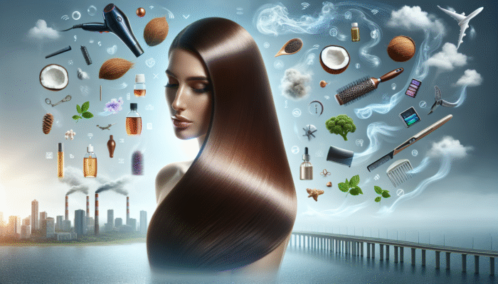 Woman showcasing beautifully repaired, shiny hair using coconut and argan oil, effectively combating environmental stressors and styling damage.
