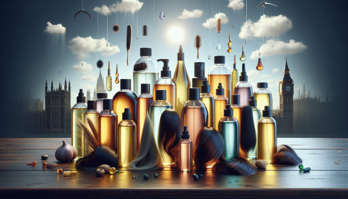 An array of hair oils on a wooden table, clearly labelled with benefits and suitable hair types, set against a backdrop of UK weather.