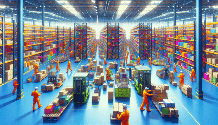 Workers dressed in bright uniforms sorting and disposing of colourful clearance items in a vibrant warehouse using modern, eco-friendly technology.
