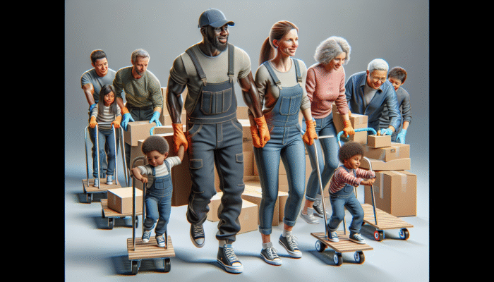 Family safely lifting heavy items during house clearance, utilising gloves, sturdy footwear, trolleys, and dollies.