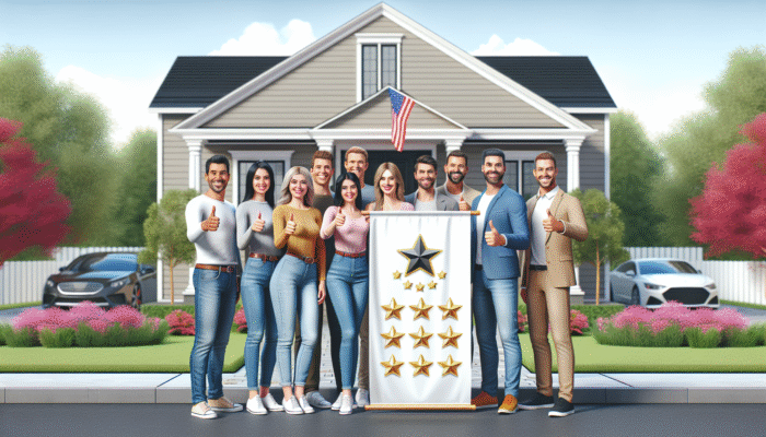 Satisfied homeowners celebrating their clean home in front of a banner showcasing top-rated service and positive reviews.