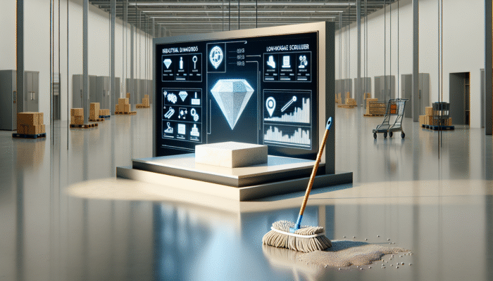 Advanced industrial diamond tools and low-moisture scrubbers restoring stone surfaces, achieving a luminous finish without the dust and mess of traditional cleaning methods.