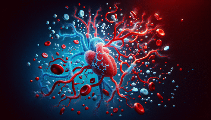 Illustration of nitric oxide molecules enhancing cardiovascular health in blood vessels, with vibrant colours.