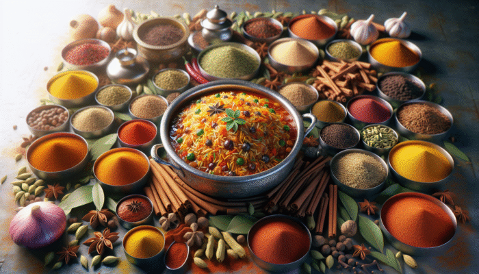 A vibrant kitchen scene featuring an array of spices alongside a steaming pot of biryani.