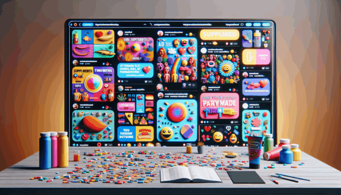 A vibrant social media interface with humorous supplement advertisements, clever slogans, animations, and memes.
