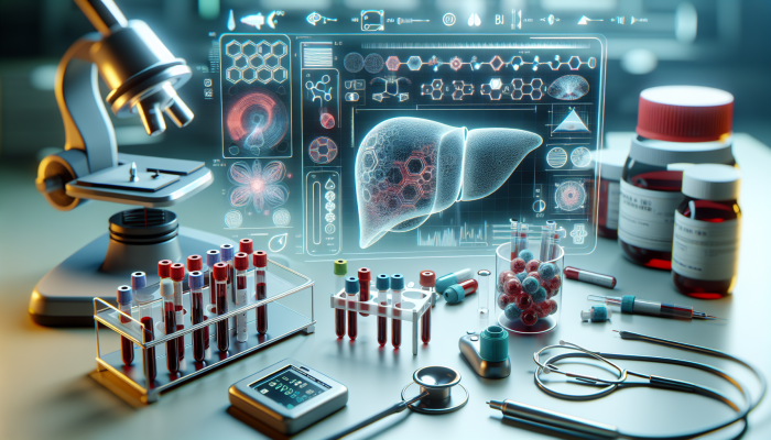 Liver Blood Test in Pudsey: Illustration of a liver blood test analysing enzymes and proteins for health diagnostics and liver function assessment.