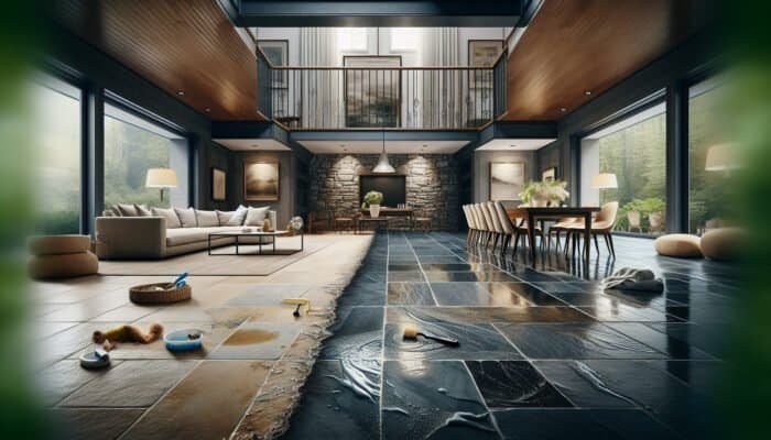 A slate floor in a busy home, displaying dullness and stains, alongside a polished section gleaming brightly.
