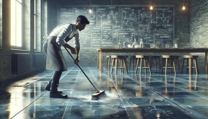 Person cleaning slate floors with a mild solution, sweeping debris, and rinsing, in preparation for polishing.
