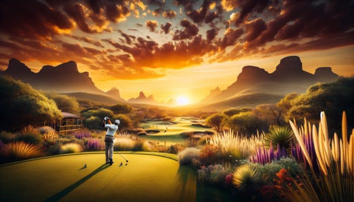 Golfer teeing off at Gary Player Country Club, Sun City, framed by bushveld scenery and sunset.