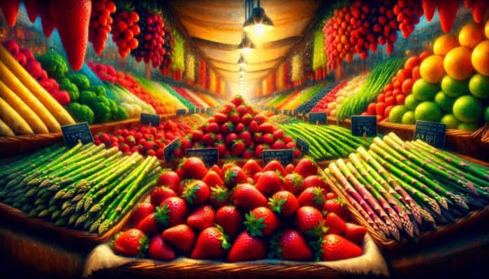 Top Tricks for Colourful Food Displays: A vibrant market stall with ripe red strawberries and fresh green asparagus, showcasing their peak season appeal.