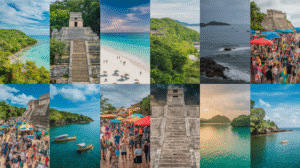 A collage of 12 photos depicting beaches, ancient stone ruins, lush landscapes, ocean views, festive crowds with market stalls, boats in the water, and sunbathers on sandy shores under blue and cloudy skies—ideal for a Belize travel guide.
