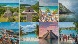 A collage of eight images illustrating ancient Mayan ruins, crowded beaches, clear turquoise waters, a colourful marketplace, tourists, and tropical landscapes under Belize's sunny and partly cloudy skies.