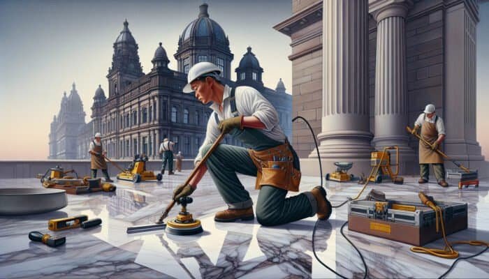 Expert technician honing marble floors in Dundee, showcasing a glossy finish amid historic Scottish architecture.