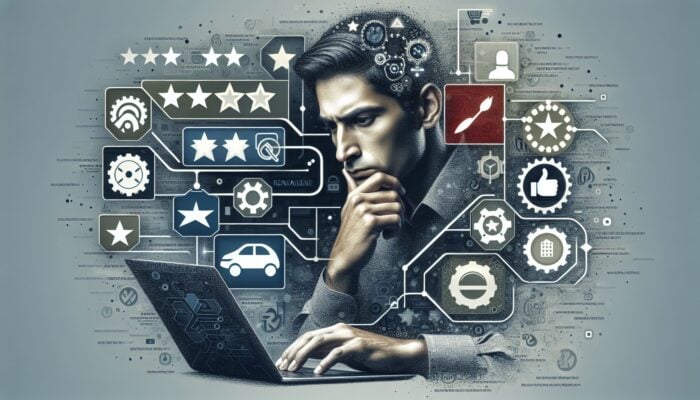 Individual analysing customer reviews on a laptop, encircled by rental company logos, graphs, and star ratings.
