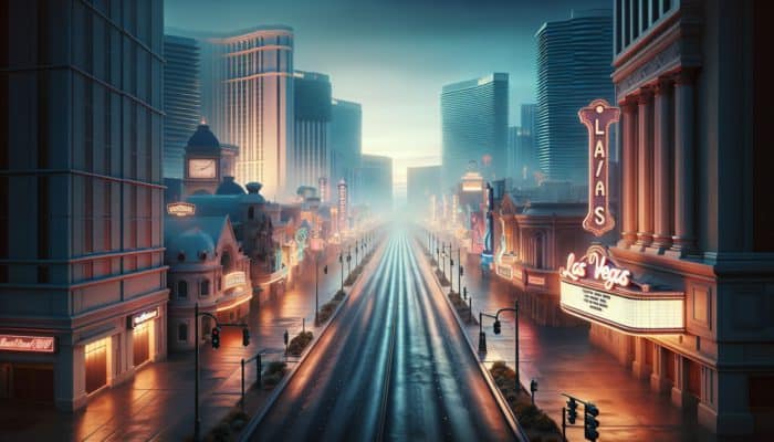 A calm early morning scene in Las Vegas with empty streets and tranquil casinos.