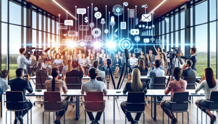 A diverse group of clients providing enthusiastic testimonials in a modern office with digital recording equipment.