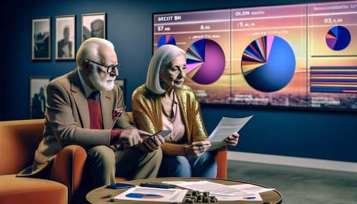 Debt Consolidation Loan Age Restrictions: Navigating UK Rules | DCL Elderly couple reviewing loan documents at a UK bank, with Brexit news on TV in background.