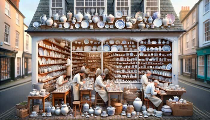 A welcoming East Calder porcelain repair shop with artisans restoring ceramics, offering tailored consultations.