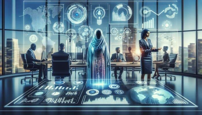 Futuristic dashboard showcasing graphs and analytics, team analysing customer data in a contemporary office setting.