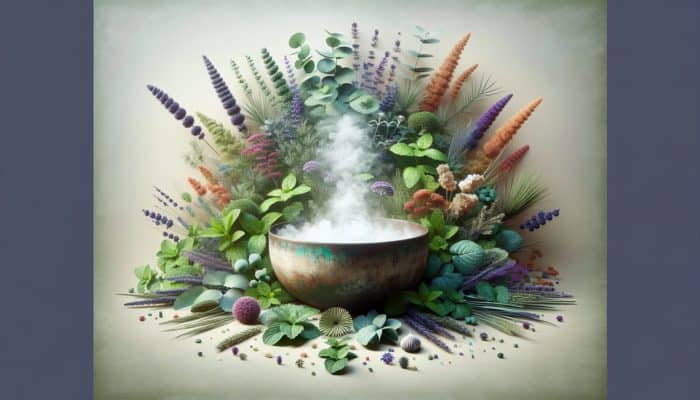 A tranquil spa setting featuring eucalyptus, mint, and lavender surrounding a steaming bowl for inhalation.