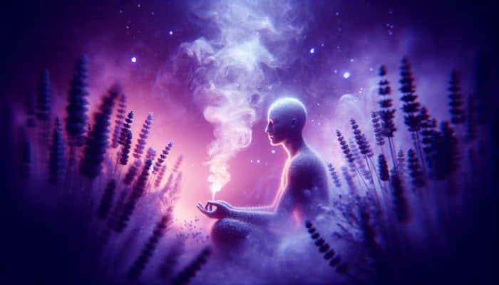 Person inhaling soothing lavender steam in a peaceful home spa, surrounded by calming purple hues.