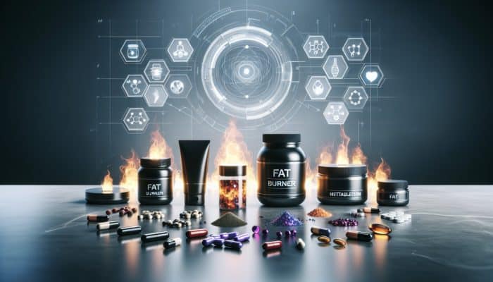 Are Fat Burners Safe for Athletes: Various fat burner supplements in pill, powder, and liquid forms displayed on a contemporary table, surrounded by metabolism symbols.