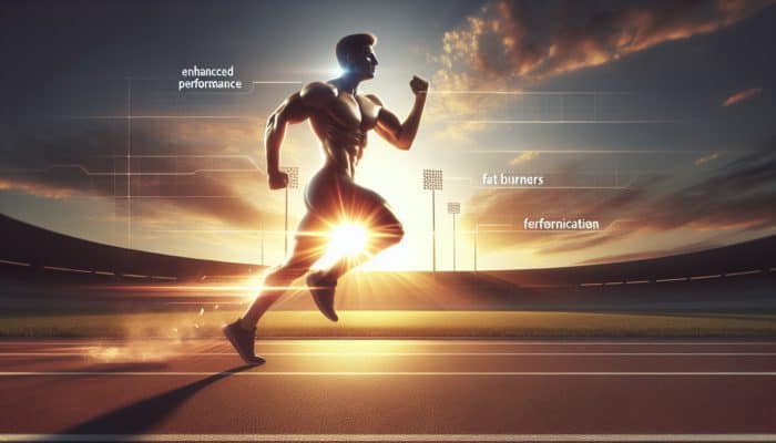 Athlete sprinting at sunset on track, showcasing a toned physique enhanced by fat burners.