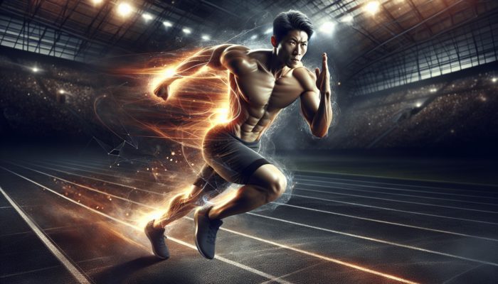 Athlete sprinting with determination, lean muscles, glowing aura symbolising fat burning and metabolic efficiency.