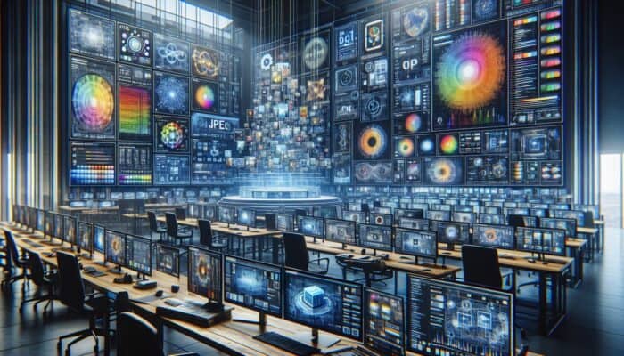 A digital artist's workspace displaying JPEG, PNG, and GIF formats on screens with quality and speed graphs.