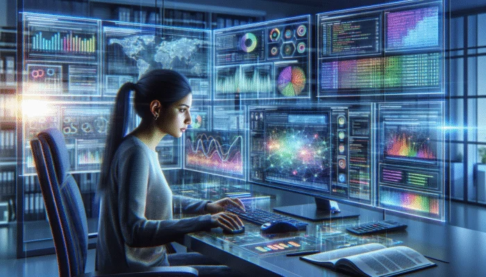 A digital analyst studying competitor alt text strategies using Moz and SpyFu in a modern office.