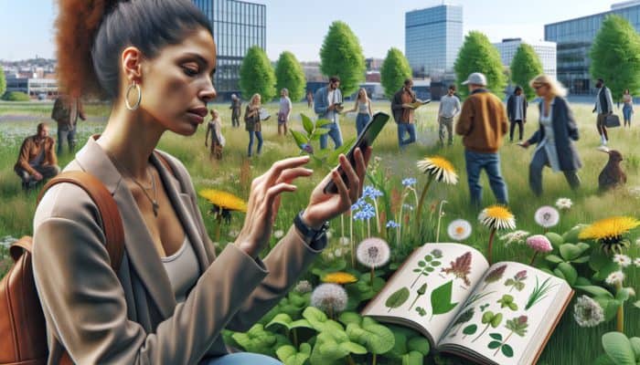 Finding Food in the Wild: Person using a mobile app to identify edible plants like dandelions and wild garlic in an urban park, with a field guide and foraging group nearby.