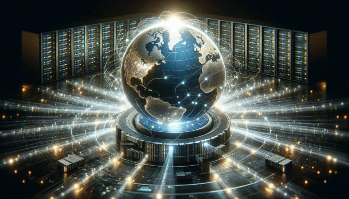 Digital globe with interconnected servers and data streams, illustrating a CDN's global optimisation of site speed and user experience.