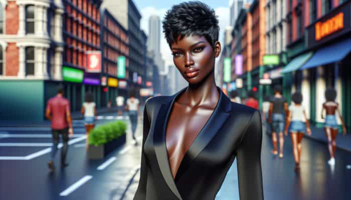Woman with chic, tousled pixie cut, exuding confidence against urban backdrop.