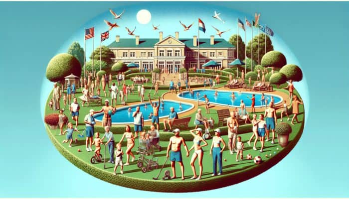 A diverse group enjoying Mtunzini Country Club's amenities under a clear sky, with the club's logo.