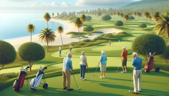 A serene golf course at Mtunzini Country Club with retirees playing on a mild, sunny day.