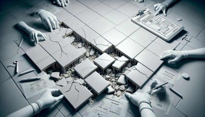 Cracked and uneven porcelain tile floor in UK home, showing effects of improper installation.