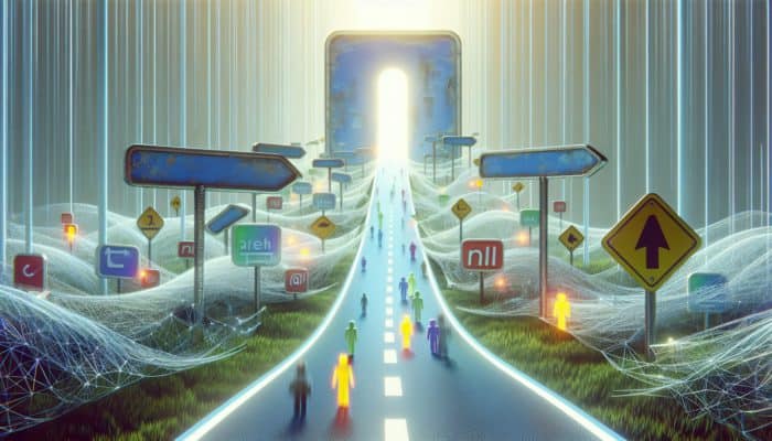 Utilise 301 Redirects for Link Equity: A digital journey from an old, outdated URL to a fresh, dynamic URL, representing a seamless 301 redirect, with search engine bots and users following.
