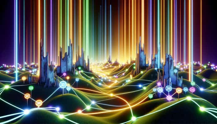 Illuminated pathways connect old, outdated URLs to new, vibrant ones, symbolising the preservation of link equity during website rebranding.
