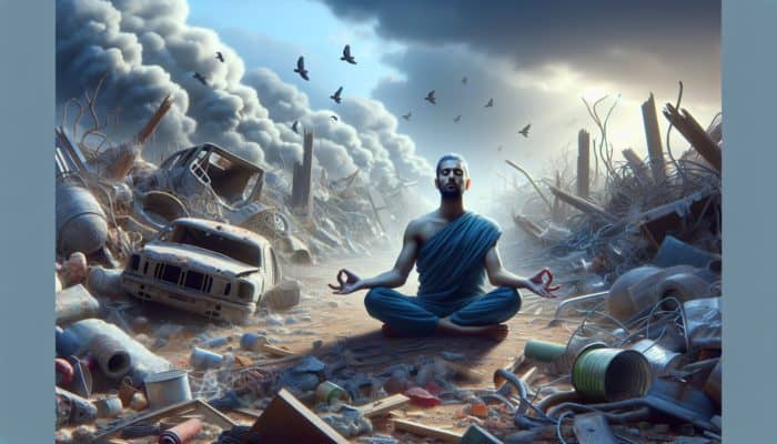 A serene person meditating in a chaotic, post-apocalyptic landscape, using deep breathing for mental stability.