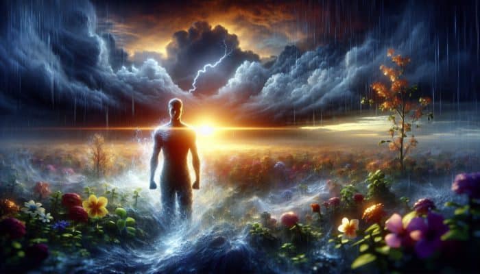 A person standing resiliently in a storm, surrounded by growth symbols, showing optimism and adaptability.