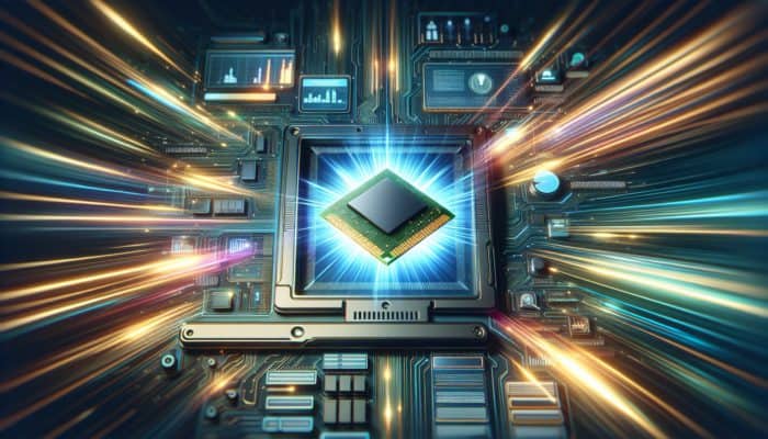 Futuristic interface displaying browser caching icons, central glowing RAM chip, and rapid data streams.