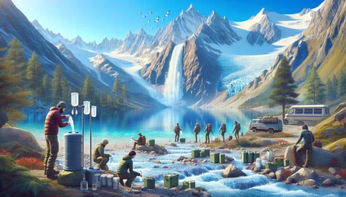 A serene alpine scene with adventurers filtering glacier and snowmelt water into clean containers amidst rugged mountains.