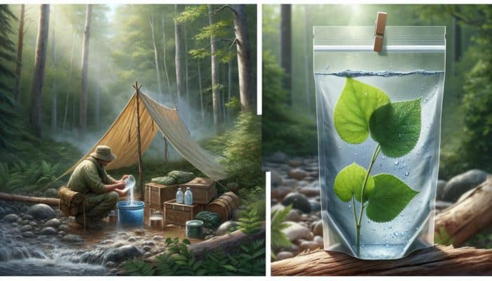 A person uses a tarp to collect dew and rainwater, and plastic bags on leaves for plant transpiration in wilderness.