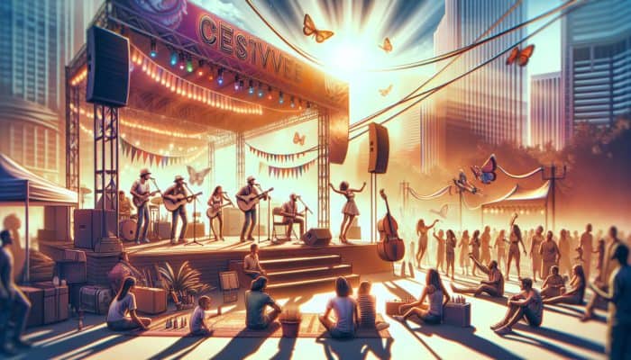 A vibrant Las Vegas local music festival with diverse musicians, families, and art enthusiasts enjoying a sunny, budget-friendly day.