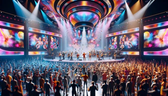 A vibrant charity event with Vegas flair, live music, dance, and theatrical displays, supporting a good cause.