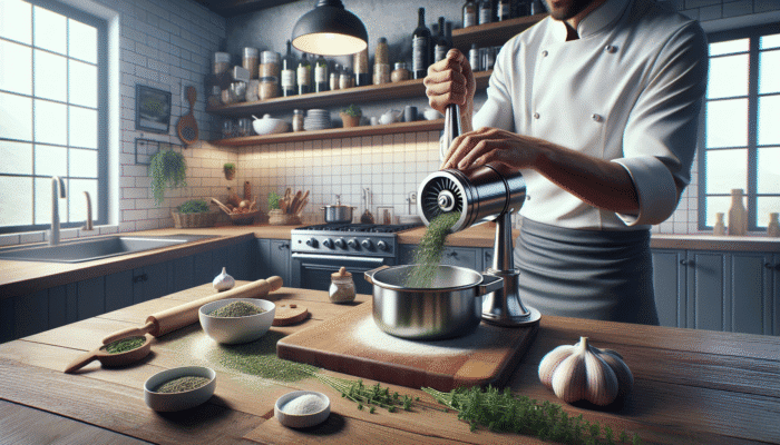 A chef using a rotary herb mill to grind herbs into a pot in a modern UK kitchen.