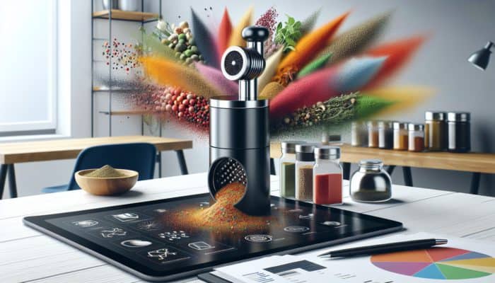 Sleek spice grinder on UK kitchen counter with colorful spices and herbs.