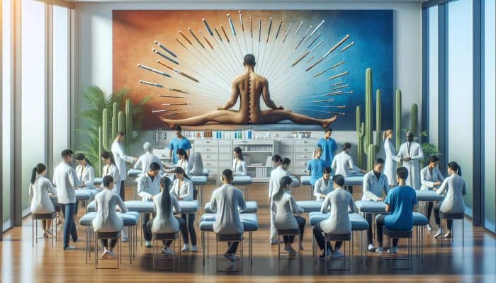 A serene NHS clinic where diverse patients receive acupuncture, blending traditional and modern healthcare for chronic pain and mental health.